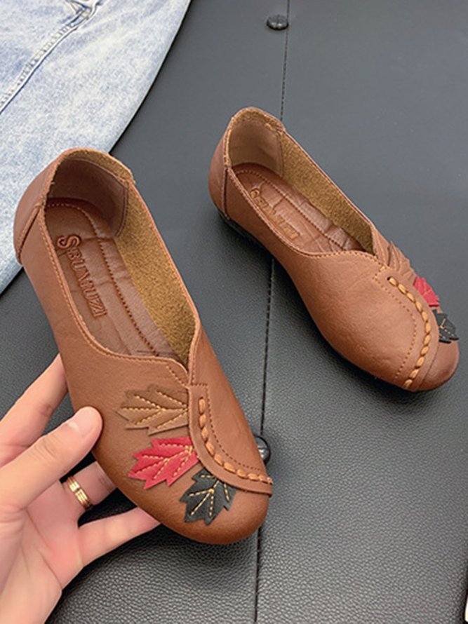 Vintage Casual Leaf Contrast Flats