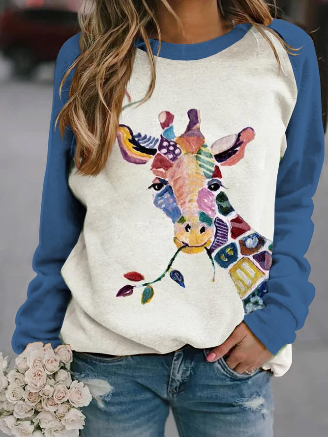 JFN women Crew Neck Giraffe print Casual loose fit Sweatshirt