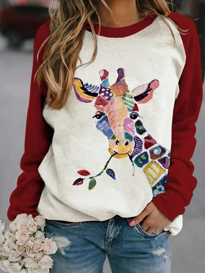 JFN women Crew Neck Giraffe print Casual loose fit Sweatshirt