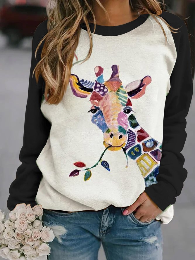 JFN women Crew Neck Giraffe print Casual loose fit Sweatshirt
