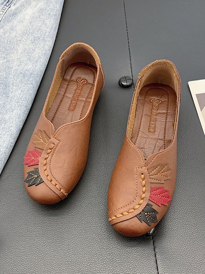 Vintage Casual Leaf Contrast Flats