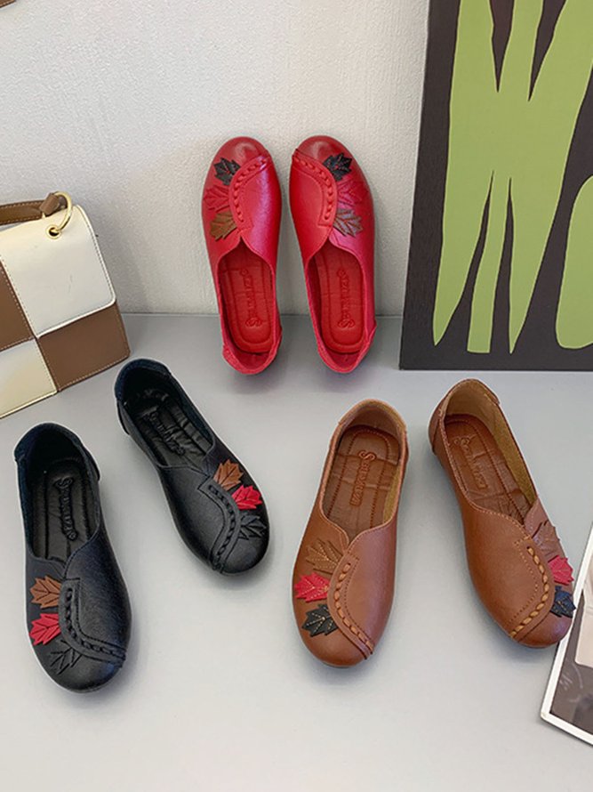 Vintage Casual Leaf Contrast Flats