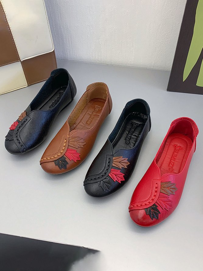 Vintage Casual Leaf Contrast Flats