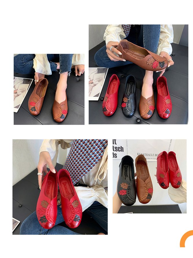Vintage Casual Leaf Contrast Flats
