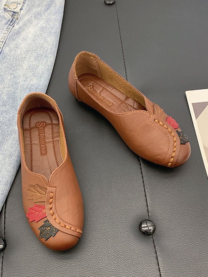 Vintage Casual Leaf Contrast Flats