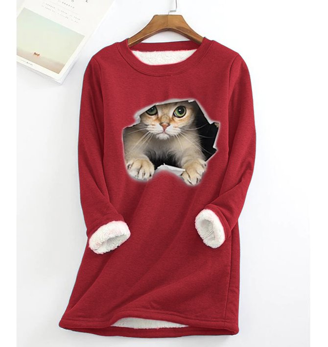 Casual Crew Neck Fluff/Granular fleece fabric Loose H-line Cat Sweatshirt