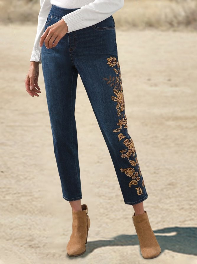 Denim Casual Floral Regular Fit Jeans