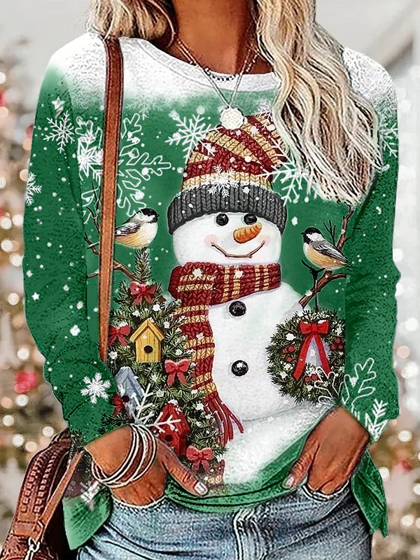 Crew Neck Loose Christmas Snowman Casual T-Shirt