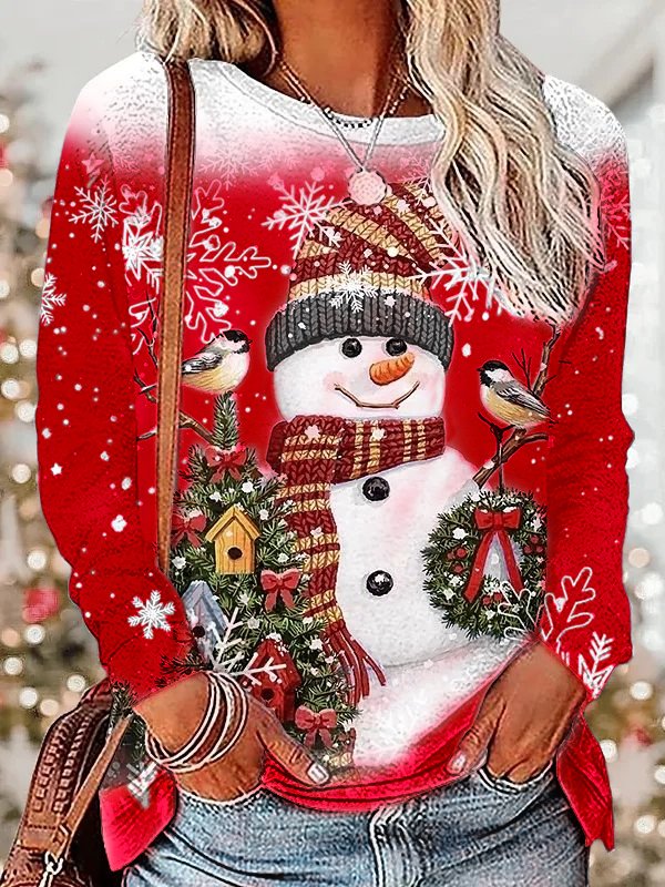 Crew Neck Loose Christmas Snowman Casual T-Shirt