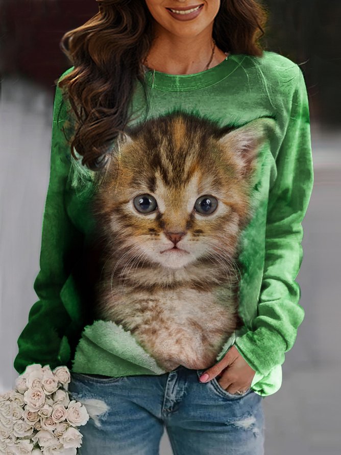 Funny And Cute Cat Round Neck Loose Sweater