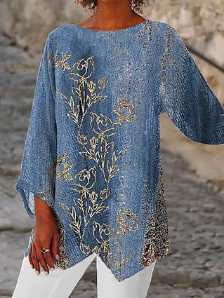 Color Block Casual Loose Crew Neck  Floral  Top