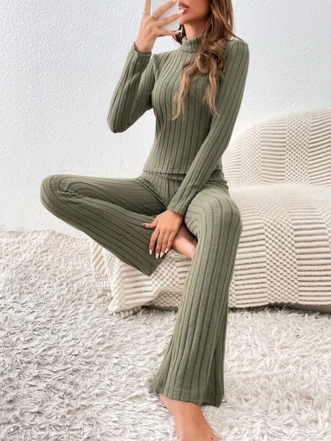 Regular Fit Plain Casual Turtleneck Two-Piece Set
