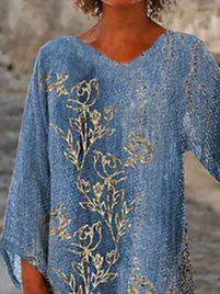 Color Block Casual Loose Crew Neck  Floral  Top