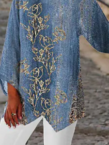 Color Block Casual Loose Crew Neck  Floral  Top