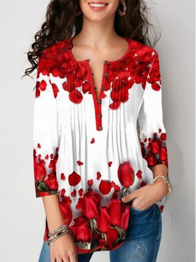 Floral V Neck Casual Regular Fit Buttoned Top