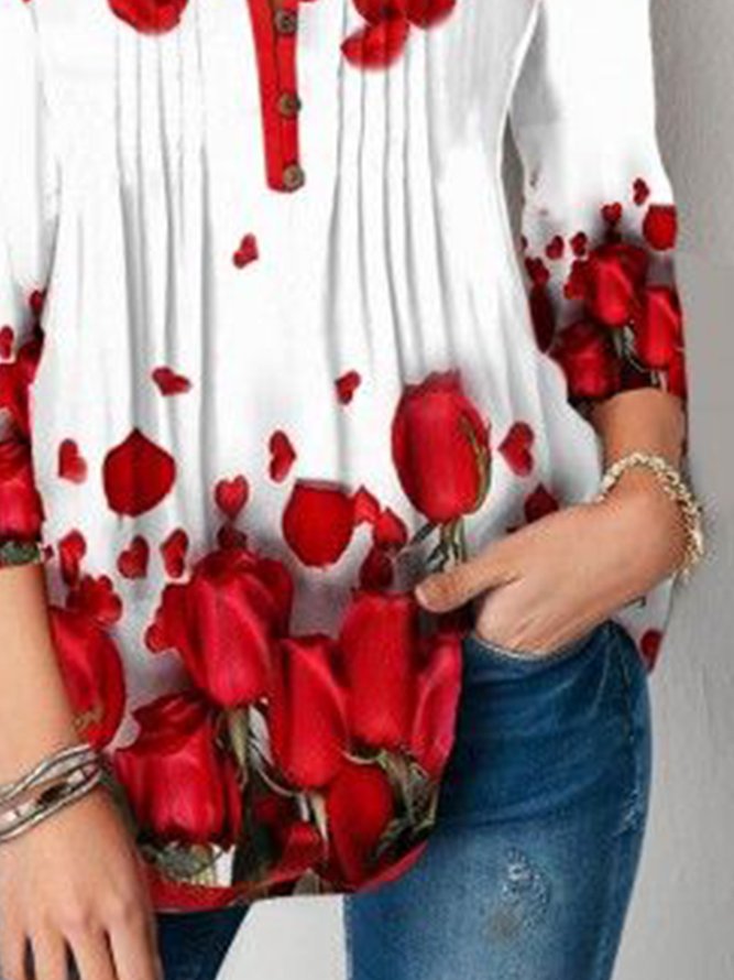 Floral V Neck Casual Regular Fit Buttoned Top