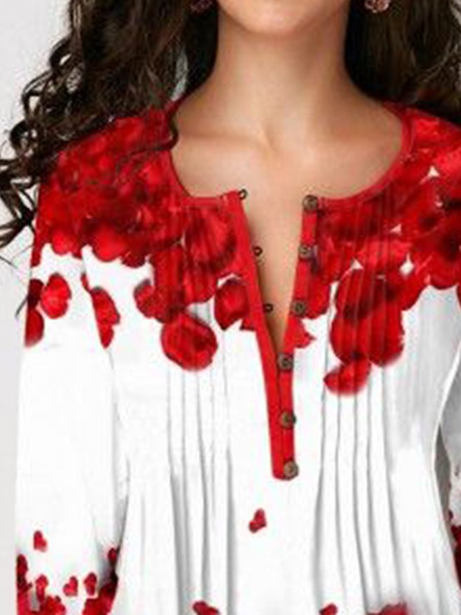 Floral V Neck Casual Regular Fit Buttoned Top