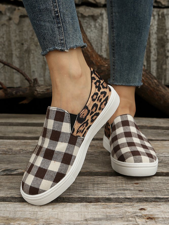 Plus Size Casual Leopard Split Joint Plaid Canvas Slip On Flat Shoes