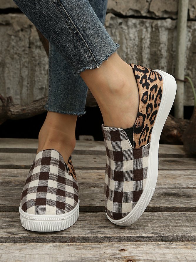 Plus Size Casual Leopard Split Joint Plaid Canvas Slip On Flat Shoes