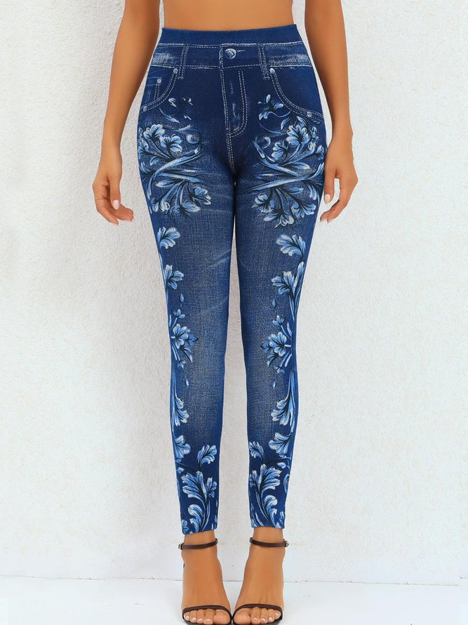 Floral Print Navy High Waisted Elastic Waist Leggings