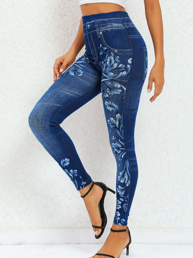 Floral Print Navy High Waisted Elastic Waist Leggings