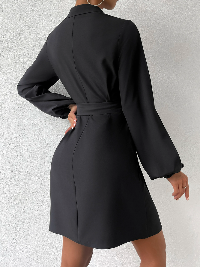 Surplice Neck Button Detail Split Lantern Sleeve Belted Dress