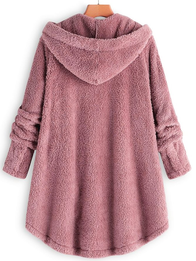 Women Cozy Fleece Hooded Fuzzy Asymmetrical Hem Button Teddy Bear Coat