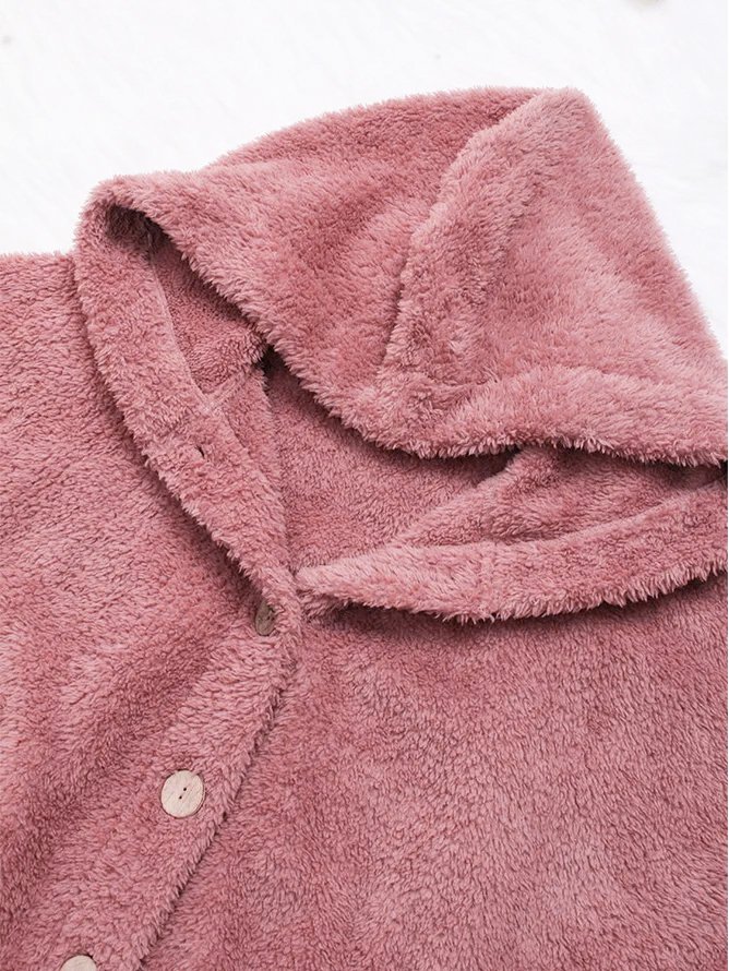 Women Cozy Fleece Hooded Fuzzy Asymmetrical Hem Button Teddy Bear Coat
