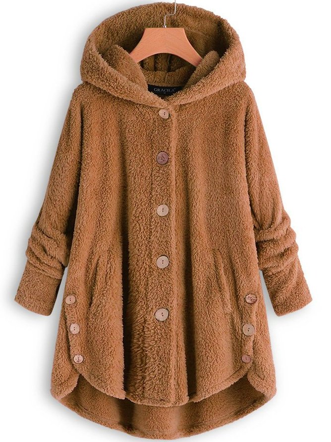 Women Cozy Fleece Hooded Fuzzy Asymmetrical Hem Button Teddy Bear Coat