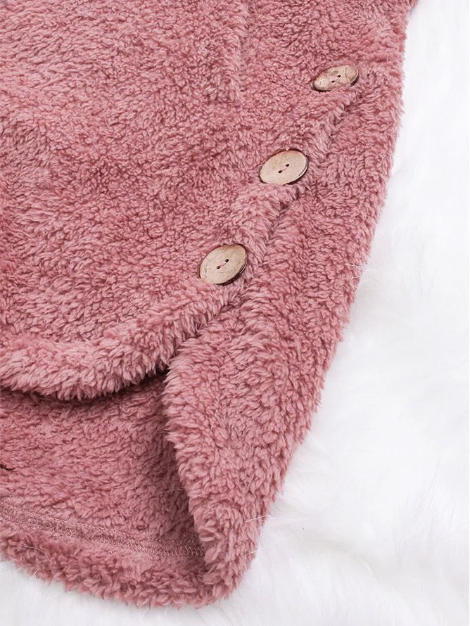 Women Cozy Fleece Hooded Fuzzy Asymmetrical Hem Button Teddy Bear Coat