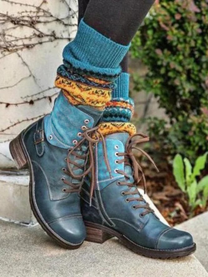 Retro Stitching Lace-up Zipper Boots