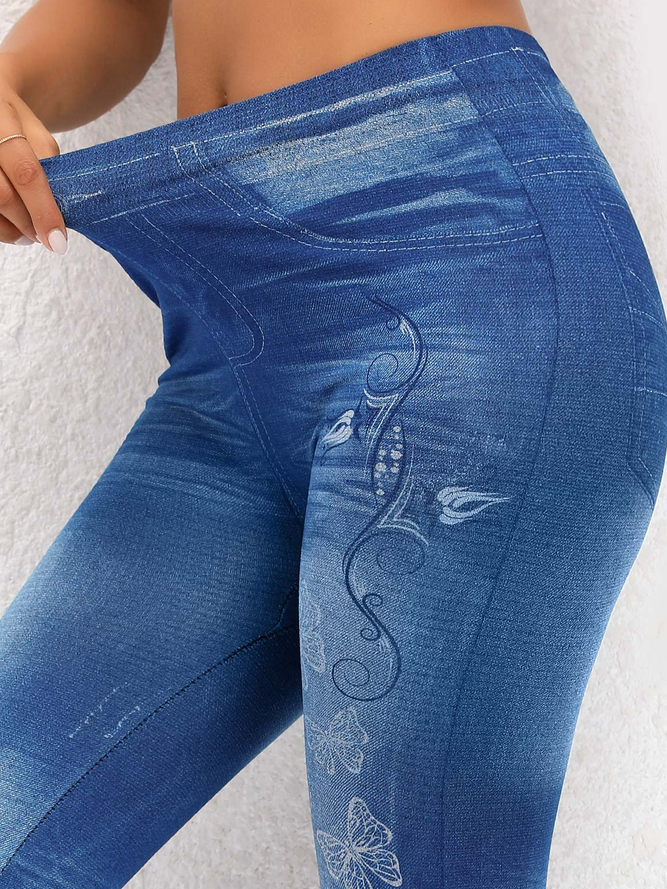 Butterfly Print Denim Blue High Waisted Leggings