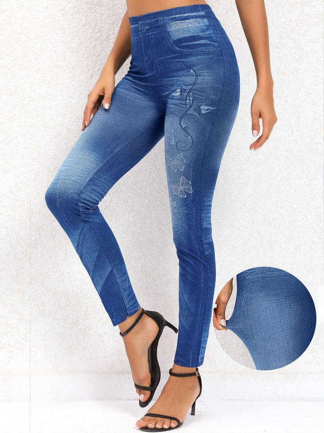 Butterfly Print Denim Blue High Waisted Leggings