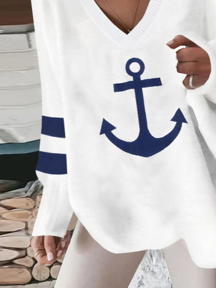 Women Casual Sea Anchor Loose V Neck Sweatshirt