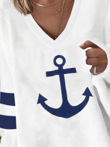 Women Casual Sea Anchor Loose V Neck Sweatshirt