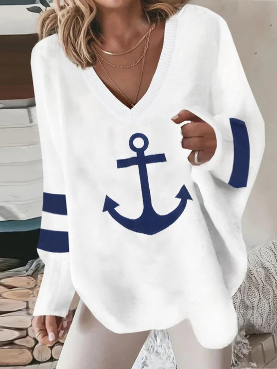 Women Casual Sea Anchor Loose V Neck Sweatshirt