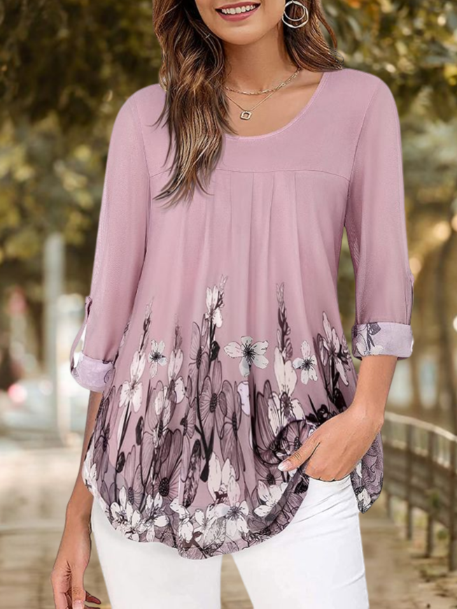 Womens 3/4 Roll Sleeve Loose Floral Blouses Pleated Stretch Shirts Flowy Tops