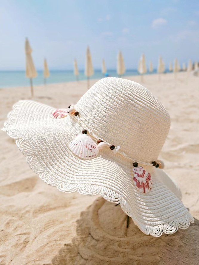 Boho Seashell Trim Handwoven Straw Hat Beach Vacation Ethnic Accessories
