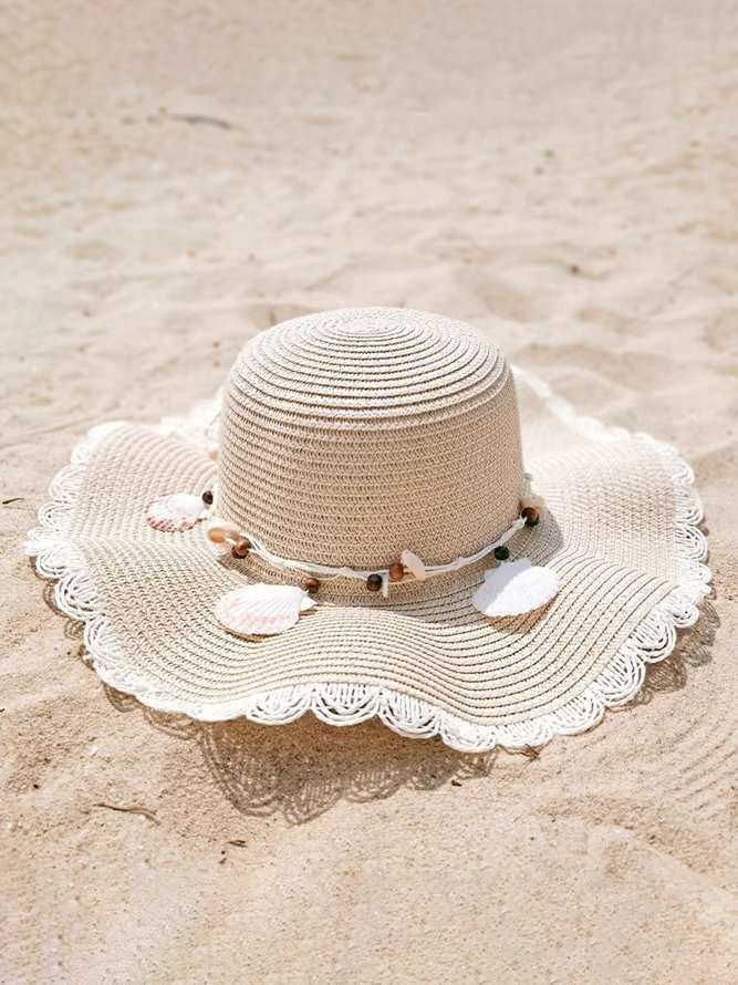 Boho Seashell Trim Handwoven Straw Hat Beach Vacation Ethnic Accessories