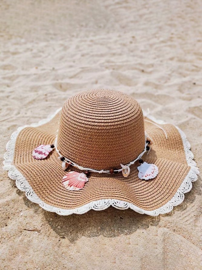 Boho Seashell Trim Handwoven Straw Hat Beach Vacation Ethnic Accessories