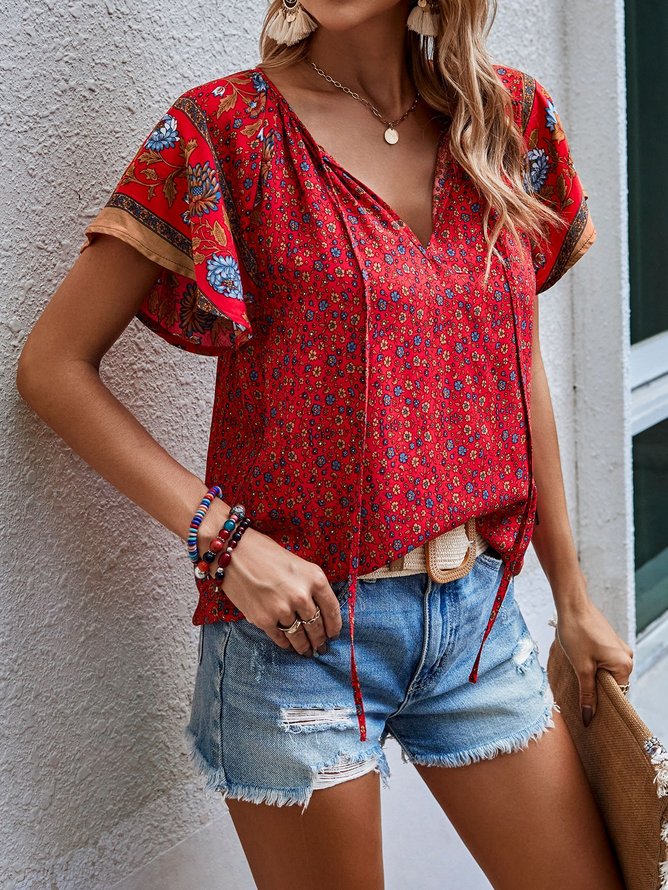 Loose Casual Floral V Neck Top