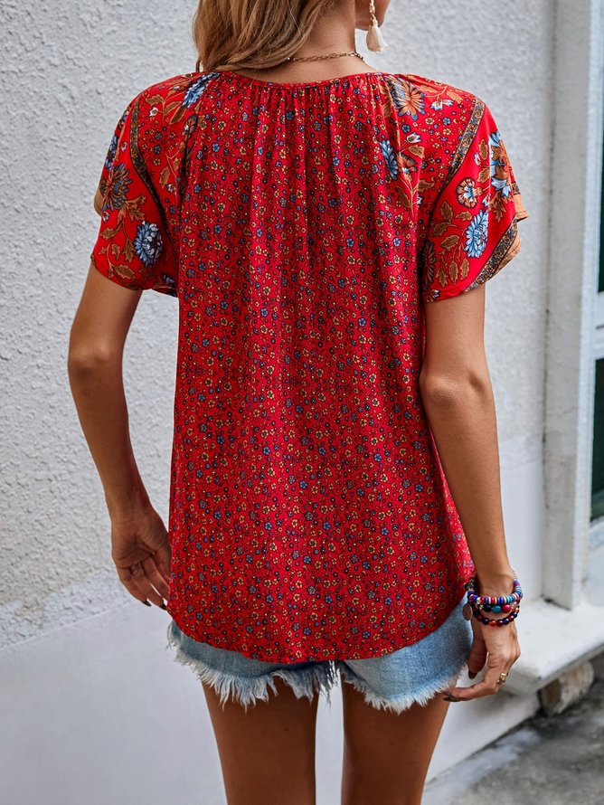 Loose Casual Floral V Neck Top