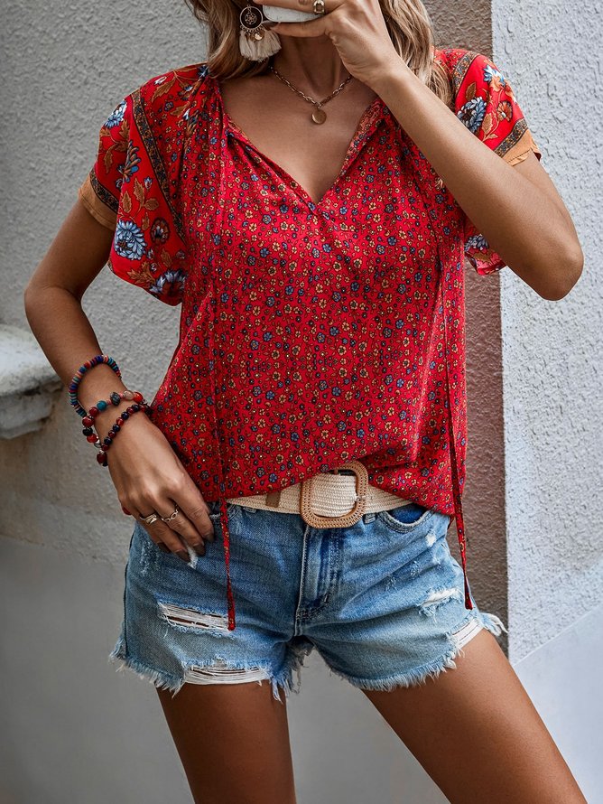 Loose Casual Floral V Neck Top