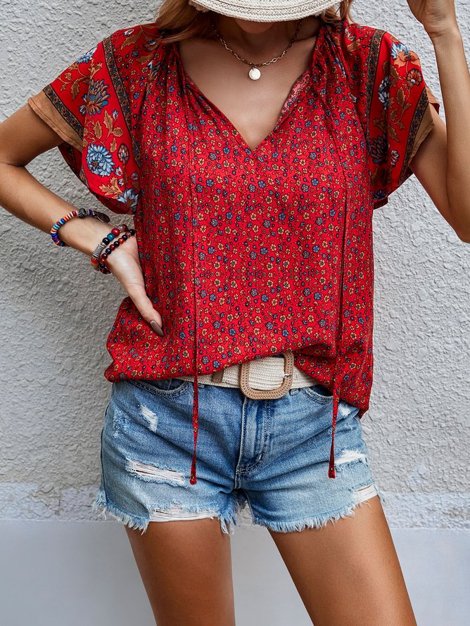 Loose Casual Floral V Neck Top