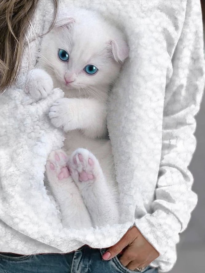 Crew Neck Regular Fit Cat Casual Sweatshirt