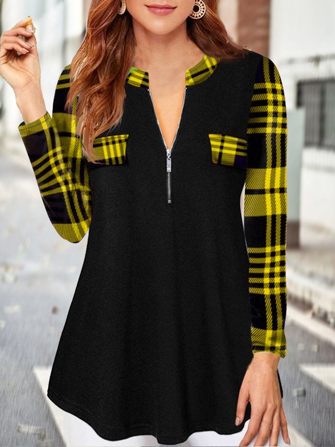 JFN V Neck Long Sleeve Zipper Plain Geometric Plaid Top