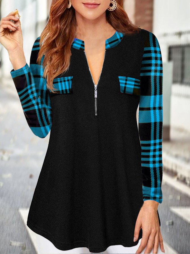 JFN V Neck Long Sleeve Zipper Plain Geometric Plaid Top