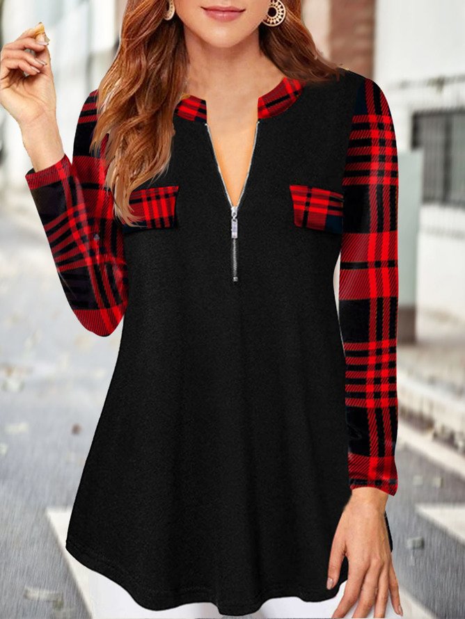 JFN V Neck Long Sleeve Zipper Plain Geometric Plaid Top