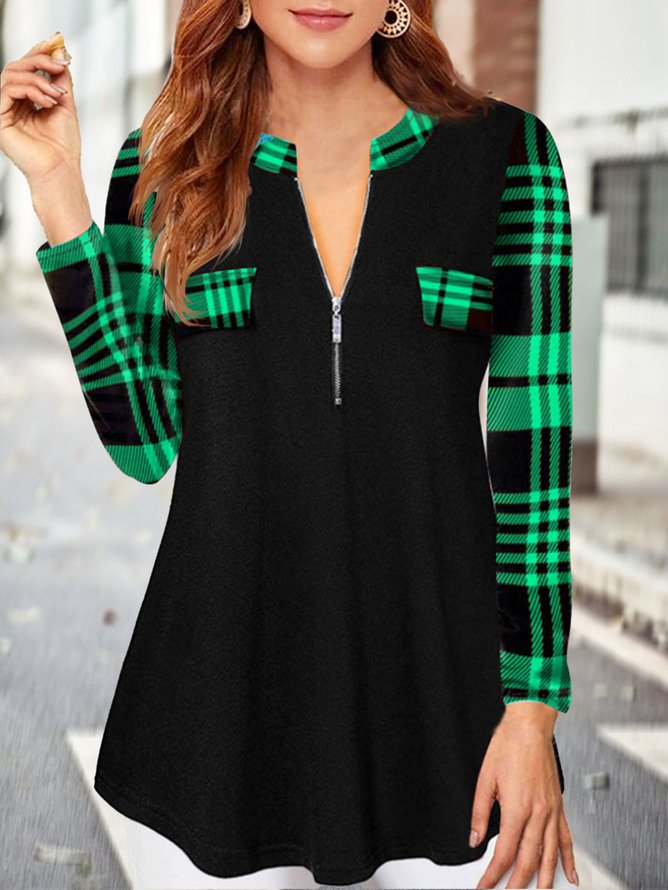 JFN V Neck Long Sleeve Zipper Plain Geometric Plaid Top
