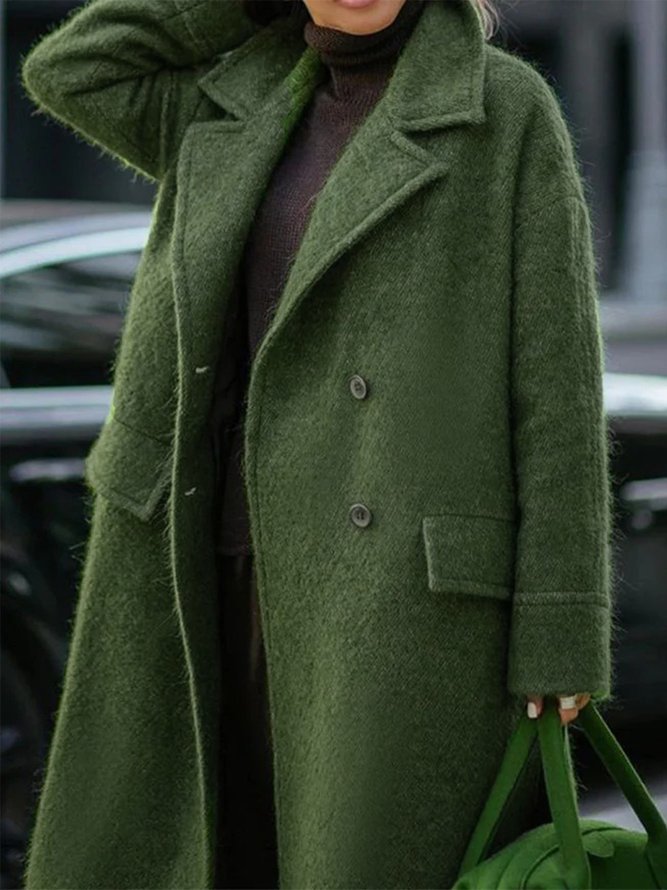 Women Vintage Plain Long Sleeve Lapel Collar Green Coat With Pocket